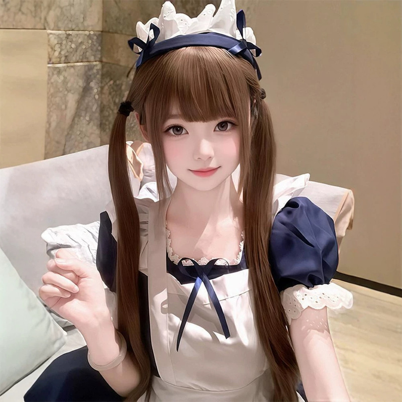 Japanese-Style Cute Maid Realistic Wig, Young Girl Wig, Honey Tea Linen Lolita Daily Long Straight Hair Full Wig
