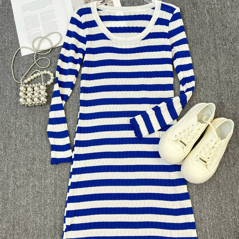Early Autumn Japanese-style Korean-style Striped Knitted Long-sleeved dress Navy-style Retro Lazy Slim-fit Sweet Midi Dress for Women