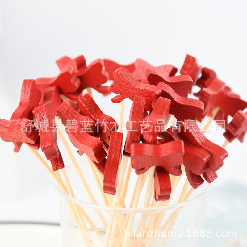 Fábrica de suministro de arco rojo botón de bambú desechable moda botón de vino horquilla de fruta horquilla decorativa horquilla de fruta