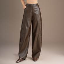 新款筒裤阔腿裤2025秋pu皮女气质皮裤直筒裤时尚高腰版休闲弯刀裤