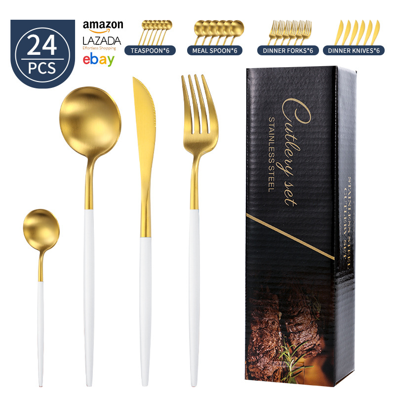 Transfronterizo Amazon mango redondo portugués cuchillo y tenedor cuchara set de platos de acero inoxidable mate cuchillo y tenedor de filete set 24 piezas