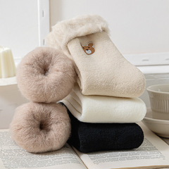 Winter velvet socks for women embroidered bears thickened snow socks mid-calf cotton socks ins trendy solid color cuffed warm socks