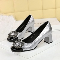 5299-K83 Fashion Party Coarse Heel Women's Shoes Color blocked Square Head Light Mouth Shining Metal Buckle High Heel Single Shoes