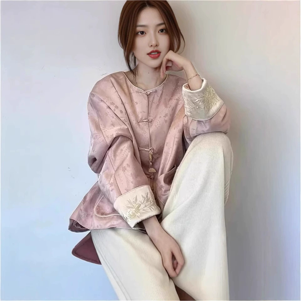 Новый китайский стиль национального стиля Song Jin с пуговицами топ с круглым вырезом