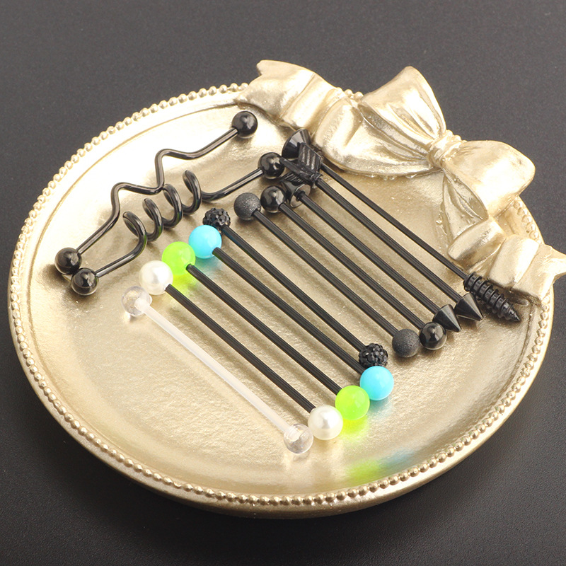 Cross-border Black Leaf Luminous Industrial Barbell Earrings Set Stainless Steel Ear Hole Bypass Earrings detail image 9
