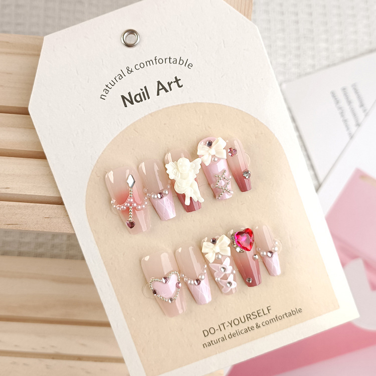 30g Weight press-on nails Nail Supplies 1 Set Quantity Cute French Style Sweet Plaid Heart Shape Bow Knot ABS Press-on Nails 1 Set