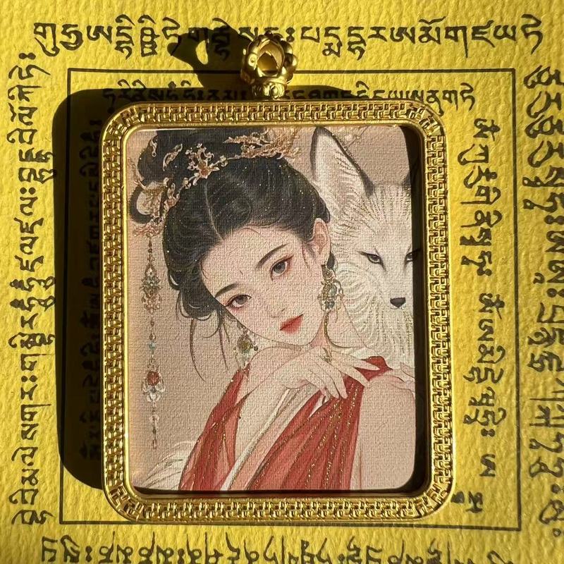 タンカ チベット手描き金塗装粗鉱石絵画コア国民トレンドペンダント九尾キツネ ザキラム ビッグブラックデーツ|undefined