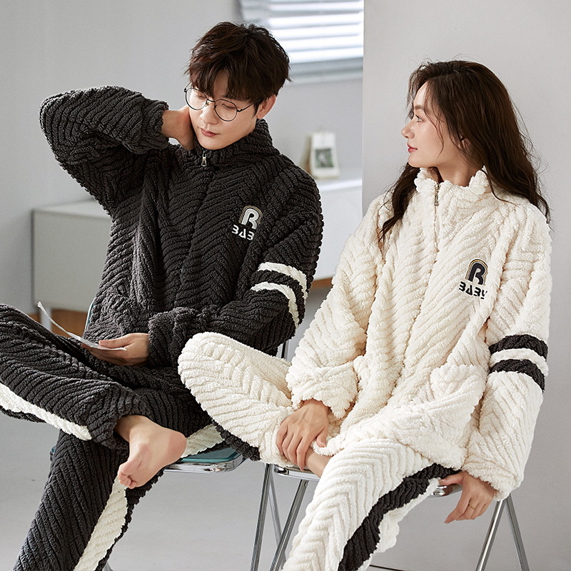 Pareja pijamas Otoño e Invierno engrosada coral de lana de dibujos animados de las mujeres de franela de invierno de los hombres desgaste del hogar traje de cremallera