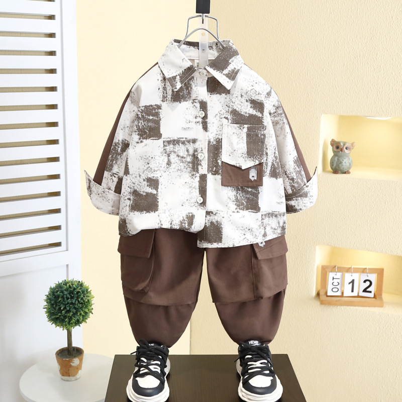 7103 Chaqueta de camisa de primavera Camisa de estilo occidental para niños Traje de primavera y otoño para niños 2025 nuevos monos para bebés