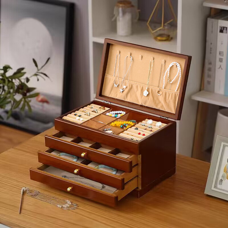 Fábrica transfronteriza caja de joyería de madera pendientes collar caja de almacenamiento caja de joyería de madera maciza vintage caja de anillo de joyería
