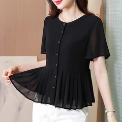 女性用シャツ、半袖夏服、中年ママのお腹カバーシフォントップス、おしゃれなゆったりスカート、シャツ