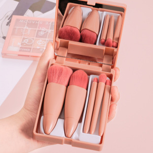 Makeup Brush Mini Portable Travel Set of 5 with Mirror, Multifunctional Blush Brush, Eye Shadow Brush