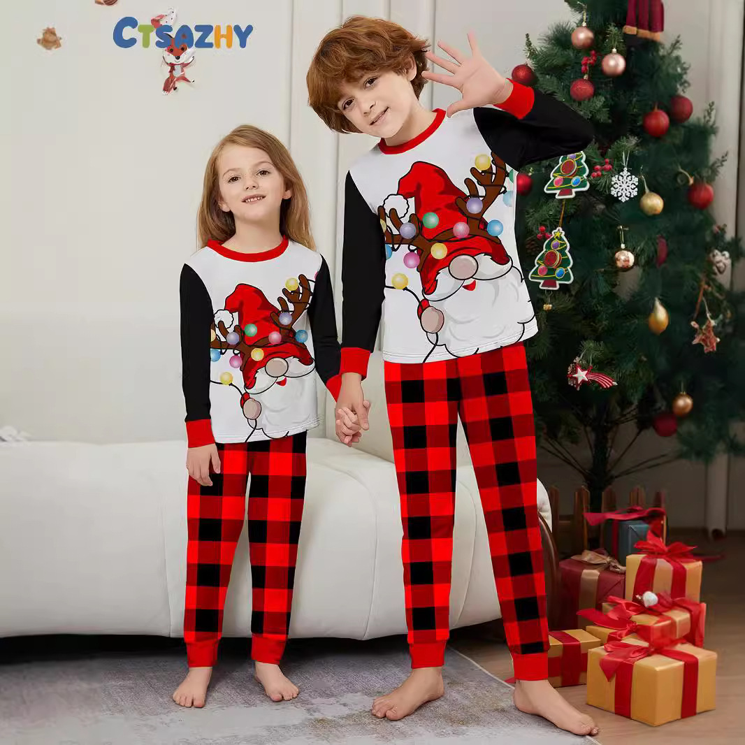Christmas Santa hat plaid Christmas family suit printed home clothes sleep_voghion.com