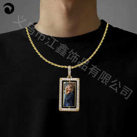 欧美时尚新款长方形镂空吊坠旋转照片记忆相框吊坠情侣项链