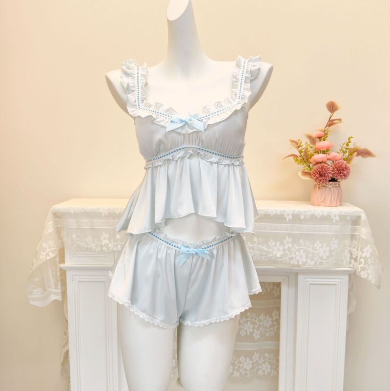 "Little Cutie" Sexy Sleepwear Two-Piece Set with High-End Feel, Detachable Chest Pads, French-Style Pure Desire Ice Silk Nightgown for Women "Little Cutie" Sexy Sleepwear Two-Piece Set with High-End Feel, Detachable Chest Pads, French-Style Pure Desire Ice Silk Nightgown for Women