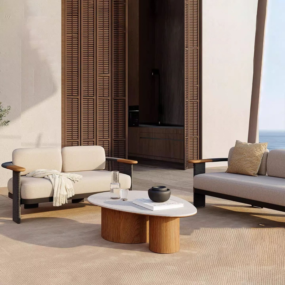 Muebles al aire libre ocio patio jardín sofá de caña hotel balcón al aire libre mesas y sillas de madera maciza terraza combinación de villa