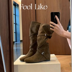 内增高6CM~真皮复古堆堆西部牛仔靴圆头扣带柔软褶皱显瘦中筒靴女