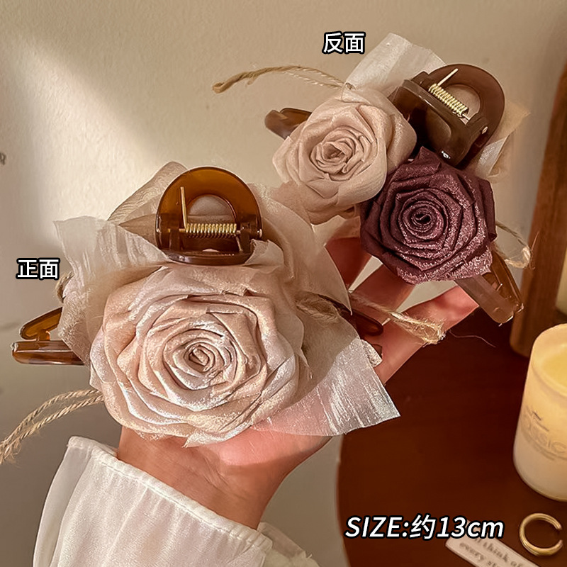 美拉德干枯玫瑰花朵抓夹复古后脑勺盘发大号发夹高级感鲨鱼夹发饰|undefined