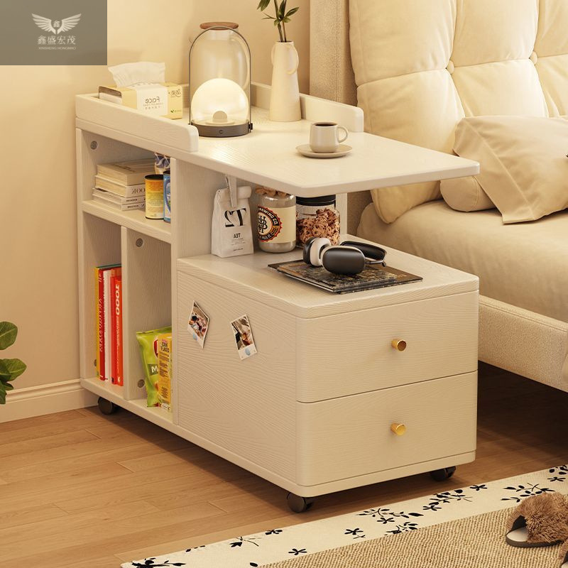 Mesa de té de lujo ligera con ruedas, estante de almacenamiento al lado de la cama, carro de madera sólida, tabla lateral móvil, sofá, gabinete lateral