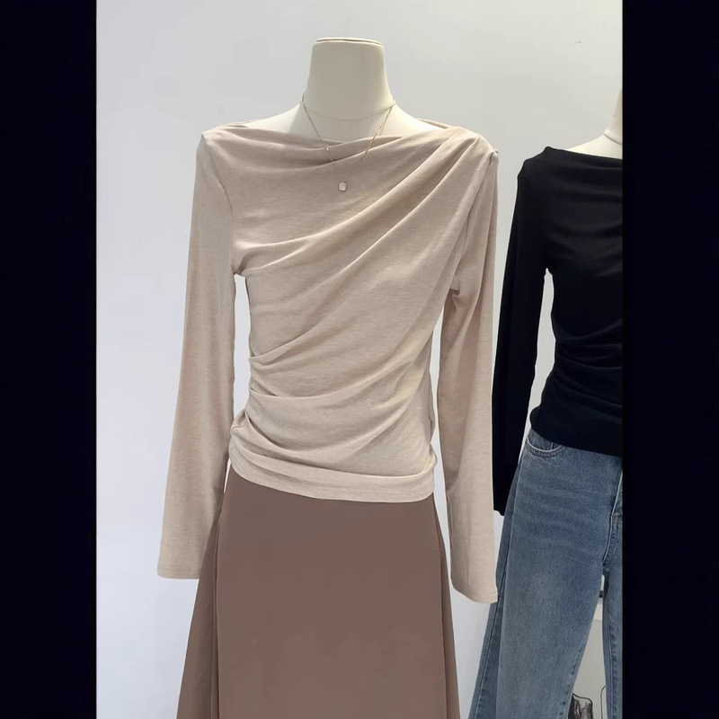 Lyocell Tencel Skin-friendly High-grade Inner Base Shirt Women's Autumn and Winter Pleated Slimming Swing Collar Long-sleeved T-shirt Top Lyocell Tencel Skin-friendly High-grade Inner Base Shirt Women's Autumn and Winter Pleated Slimming Swing Collar Long-sleeved T-shirt Top