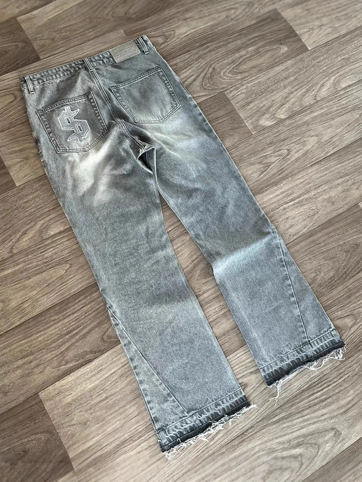 Cross-border high street lavado vintage jeans hacer letras viejas bordadas hombres y mujeres piernas anchas bordadas pantalones rectos sueltos