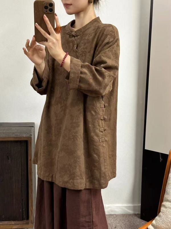 2025秋新款立领斜襟外穿宽松中式女衬衫盘扣茶服复古亚麻提花上衣|undefined