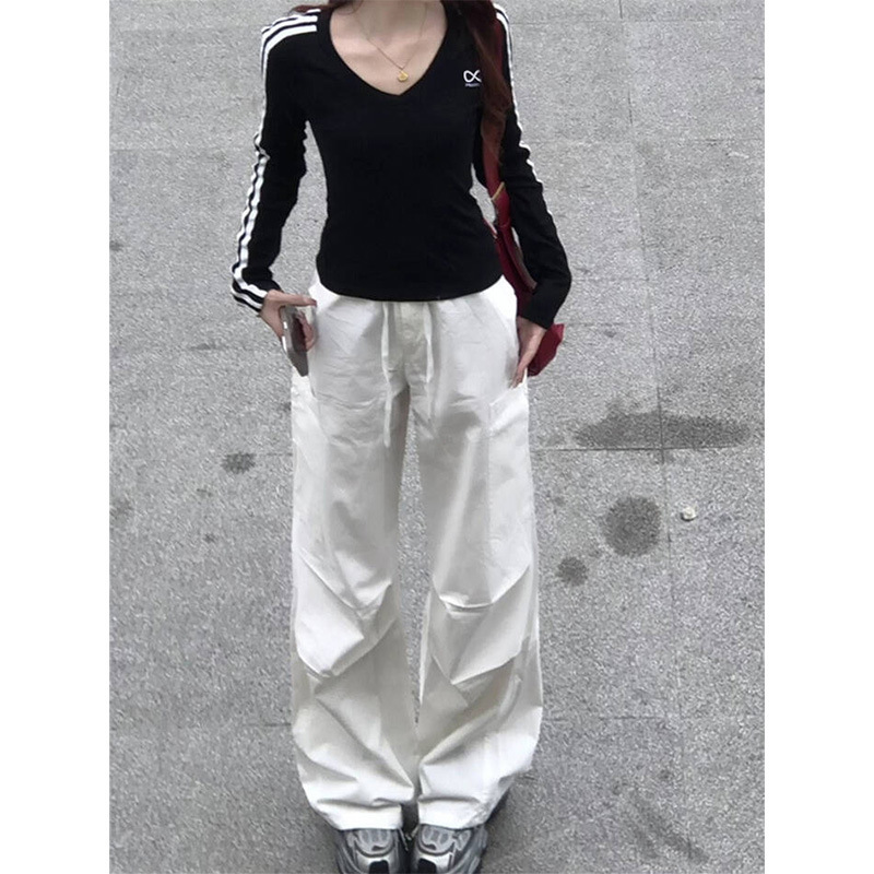 美式辣妹条纹V领短款收腰紧身长袖t恤女秋季棉内搭打底衫上衣|undefined
