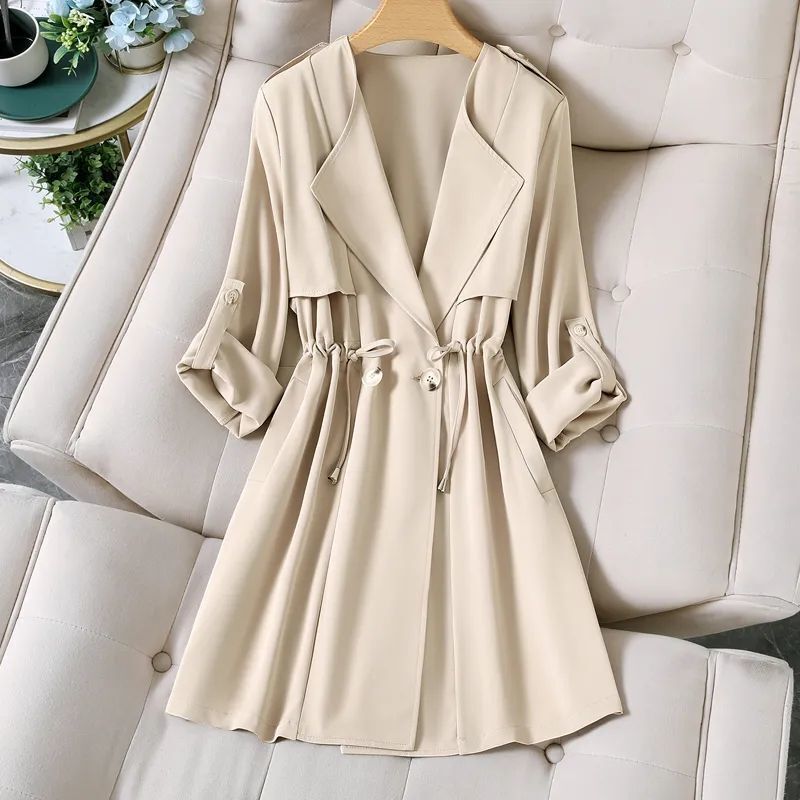 New Summer Thin Women's Jacket Korean Version 2025 Mid-Length Fashion Drawstring Slimming Trench Coat with Three-Quarter Sleeves Top New Summer Thin Women's Jacket Korean Version 2025 Mid-Length Fashion Drawstring Slimming Trench Coat with Three-Quarter Sleeves Top
