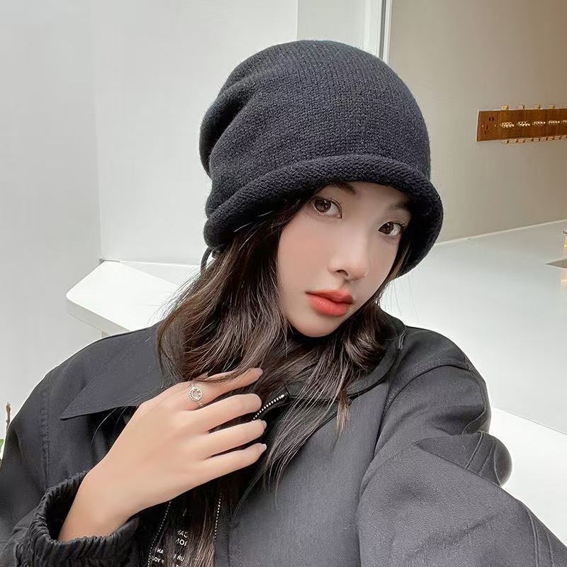 堆堆帽子女秋冬季卷边百搭保暖防寒针织大头围护耳针织抽绳包头帽|undefined