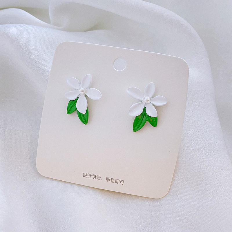 1 Pair Fairy Style Sweet Leaf Flower Spray Paint Inlay Imitation Pearl Alloy Opal Zircon Earrings display picture 5