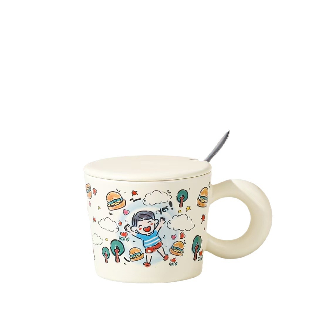 Taza de cerámica de personalidad creativa graffiti de dibujos animados regalo de mano taza de agua con cubierta de cuchara taza de café de cerámica de estudiantes