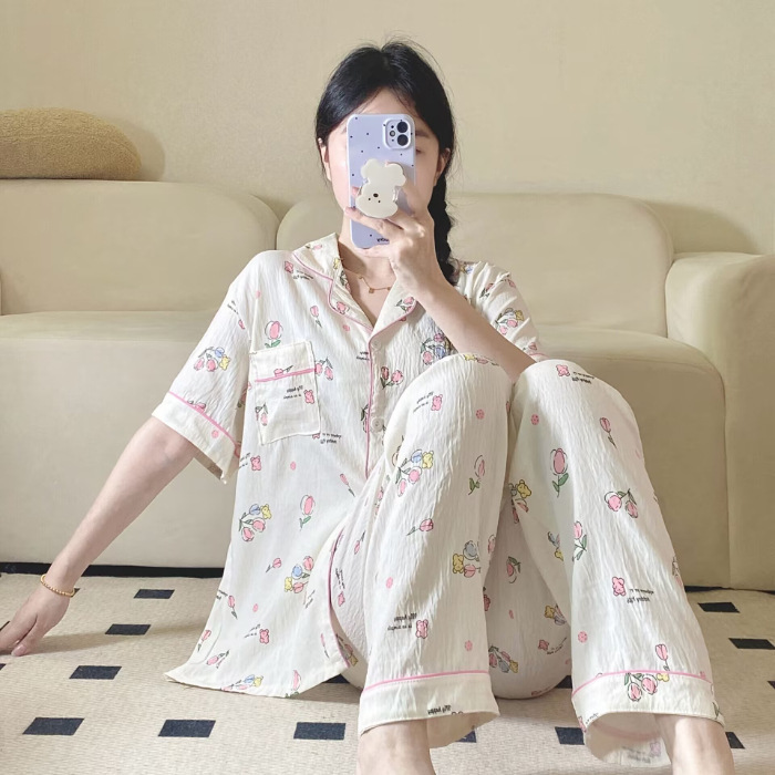 Verano nuevo pijama de amor mujer adorable oso simple ocio delgado nubes algodón ropa doméstica dos piezas conjunto al por mayor