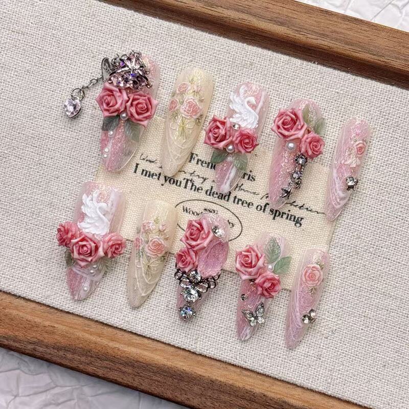 Pink swan tassel handmade high-end wholesale fake nail tips, brightening medium-long pointed manicure, purely handmade wearable nails