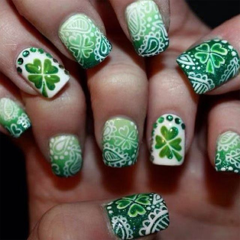 Short Square Pearlescent Green Retro Simple White Gradient Pop Lucky Grass Design St. Patrick's Day Nail Art