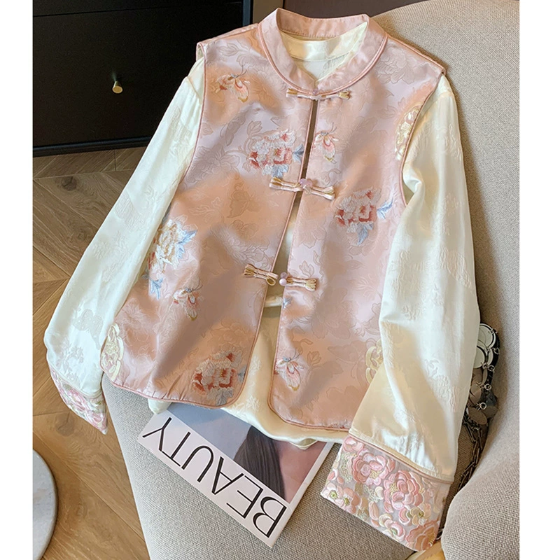 Розовый новый жаккардовый жилет с вышивкой в стиле шинуазри для женщин, комплект из двух предметов: рубашка в китайском стиле, новый стиль весна-лето 2025