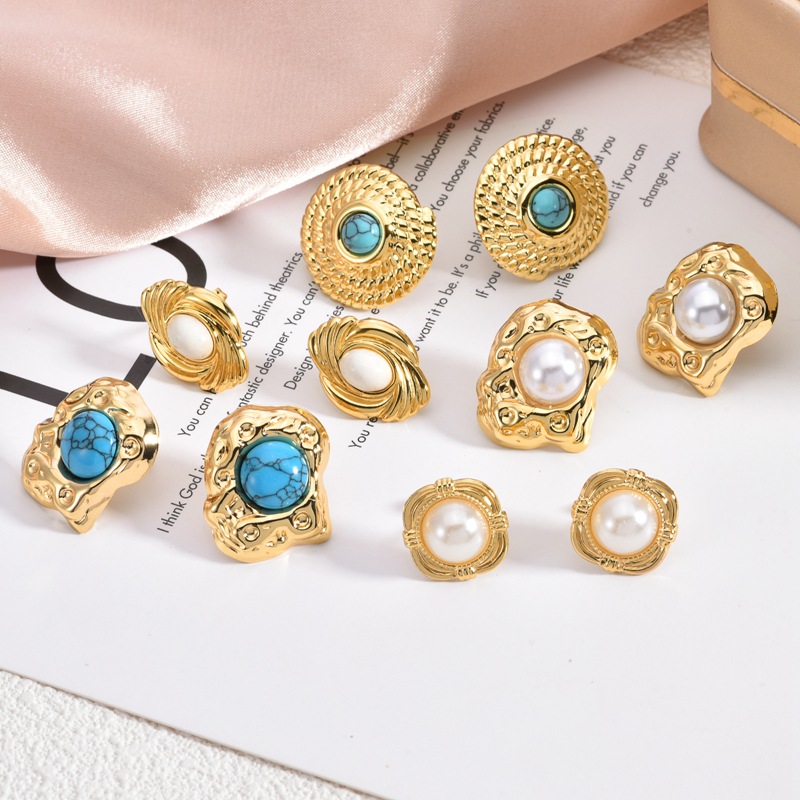 Europa y los Estados Unidos transfronterizos retro pendientes turquesa pendientes de moda incrustados con perlas irregulares joyas de pendientes de acero inoxidable