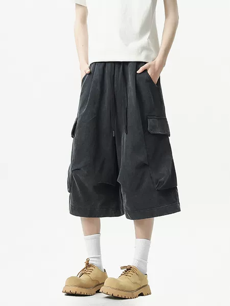 Washed Vintage Workwear Cropped Pants for Men, Summer Heavy-Duty Over-The-Knee Loose-Fitting Eight-Point Sweatpants, Trendy Casual Shorts for Outdoor Wear