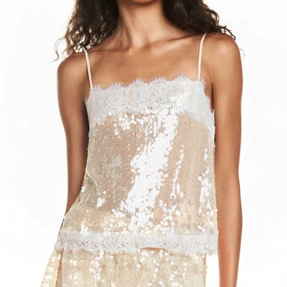 French-style retro eyelash lace, sexy off-the-shoulder sequin halter top