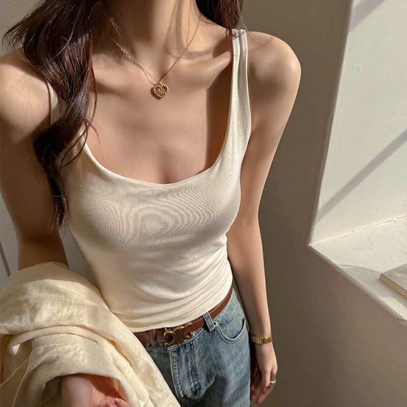 Carefully Selected White Round Neck U-Shaped Beautiful Back Camisole Women's All-In-One Slimming Look Sleeveless Top with Breast Pads