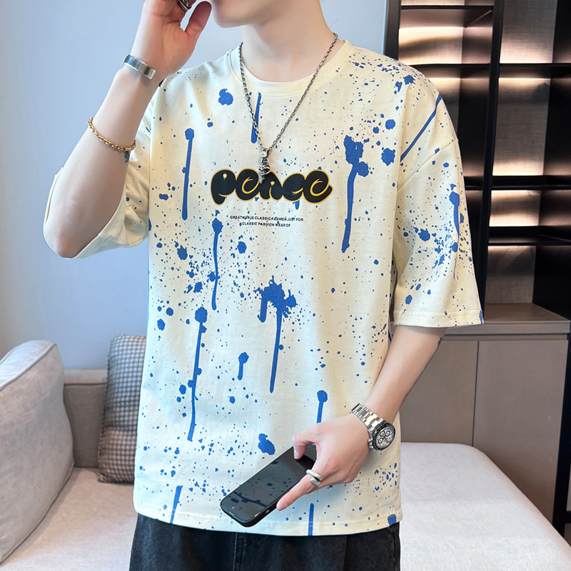 Camiseta de algodón de manga corta para hombres de verano nueva moda suelta cuello redondo medio manga casuales marca de tendencia puerto camisa de manga de cinco puntos