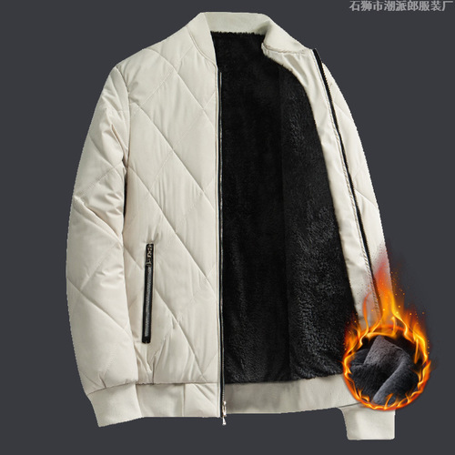 Men's Winter Cotton Jacket with Plush Baseball Collar, Grey, 2025 New Arrival Winter Coat for Middle-Aged Dads, Bulk Selling