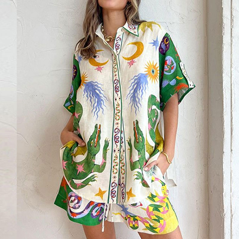 2026 New Spring Women's Clothing European American Fashion Outfit Loose Printed Short-Sleeve Cardigan And Shorts Set_ecoleips.com