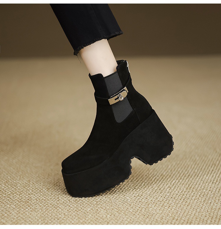 Boot Chelsea nữ cổ thun đế xuồng gót vuông mũi vuông phong cách bụi — Lót đơn màu hạnh chi tiết 11