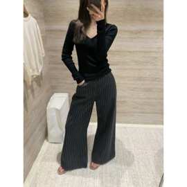 直筒黑色竖条纹阔腿裤女牛仔裤秋装新款休闲小个子拖地裤裤子