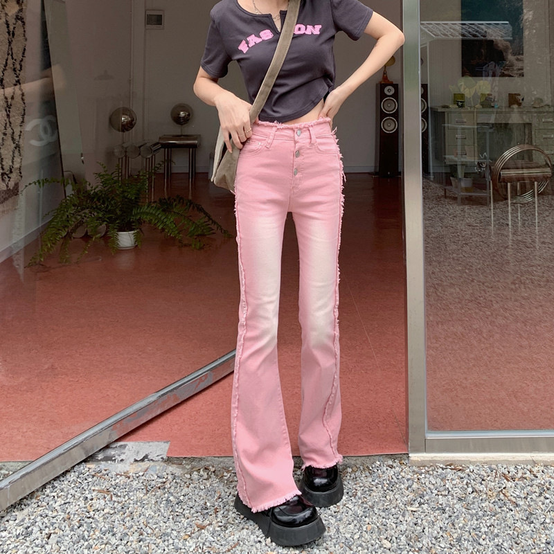 Pink High-Waisted Bootcut Jeans for Women, New Hot Girl Elastic Slimming Design, Millennium Horseshoe Flared Pants