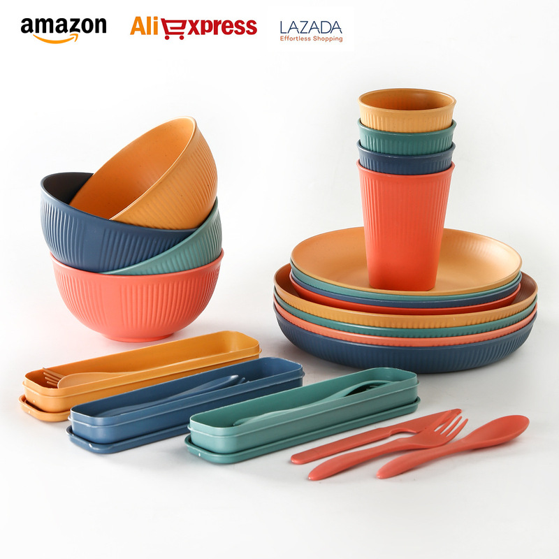 Cross-Border Popular Nordic Style Wheat Straw Tableware Set for Home Use, Plastic Dinner Plates, Round Rice Bowls, Cups, Spoons, Forks, Gifts