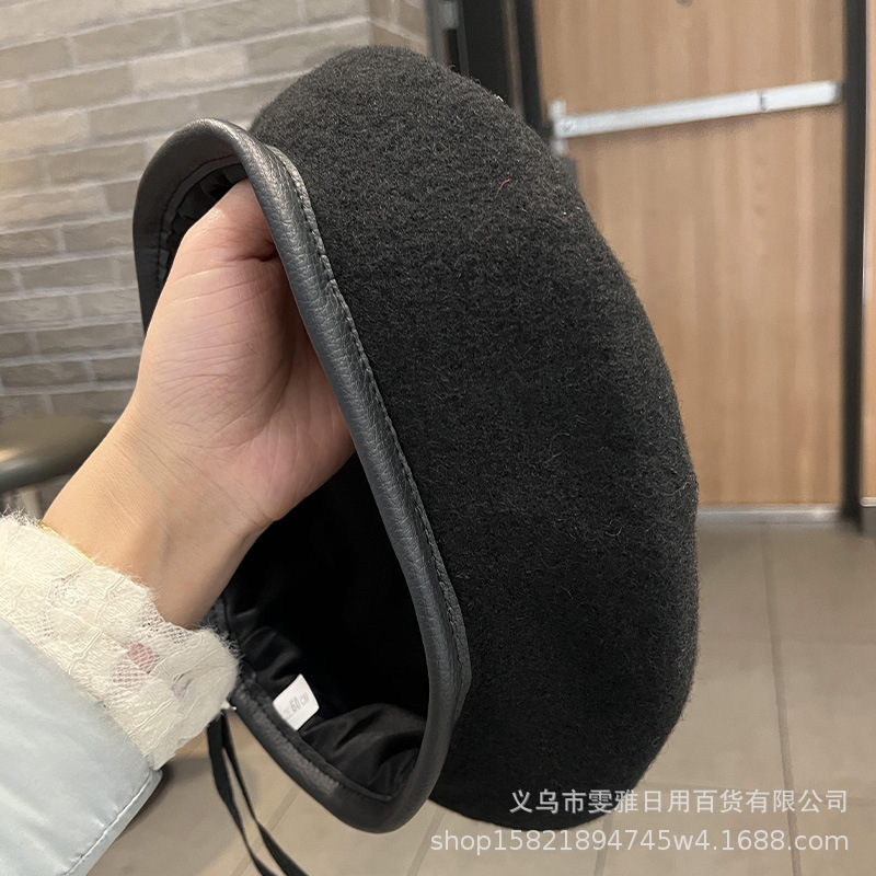 Boina de lana negra de moda, sombrero de invierno de otoño para mujeres, pequeño sombrero de belleza, sombrero de artista DIY para hombres.