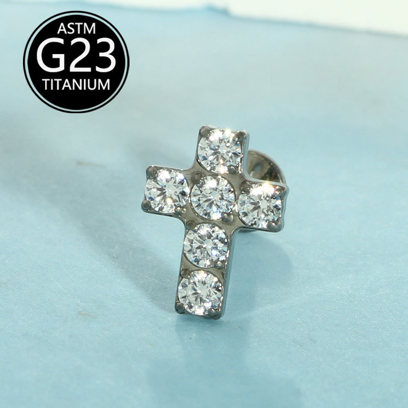 G23 Titanium Cross Stud Earring Lip Labret Nail with 5A Zircon - 1.2mm x 10mm detail image 9