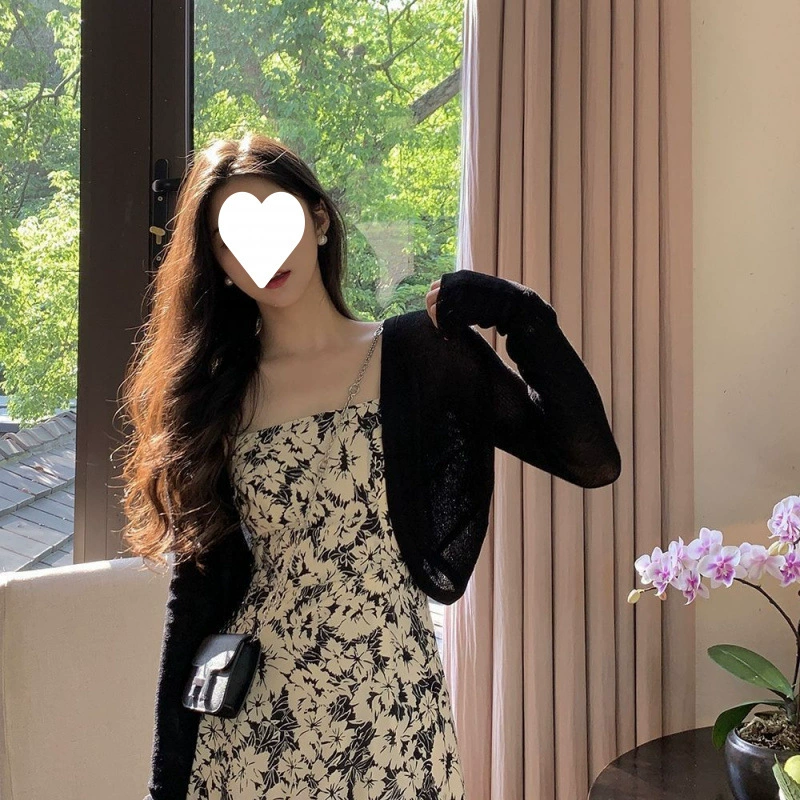 Летний женский кардиган-блузка с защитой от солнца, универсальный, тонкий, черный трикотаж, с вырезом, маленький жилет, шаль