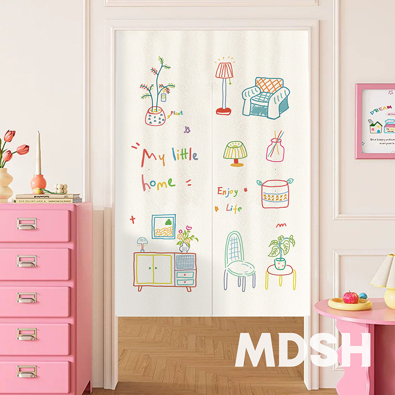 Household Door Curtains Kitchen Bedroom Living Room Door Curtains Linen Blended Cute Cartoon Background Cloth Blackout Door Curtains